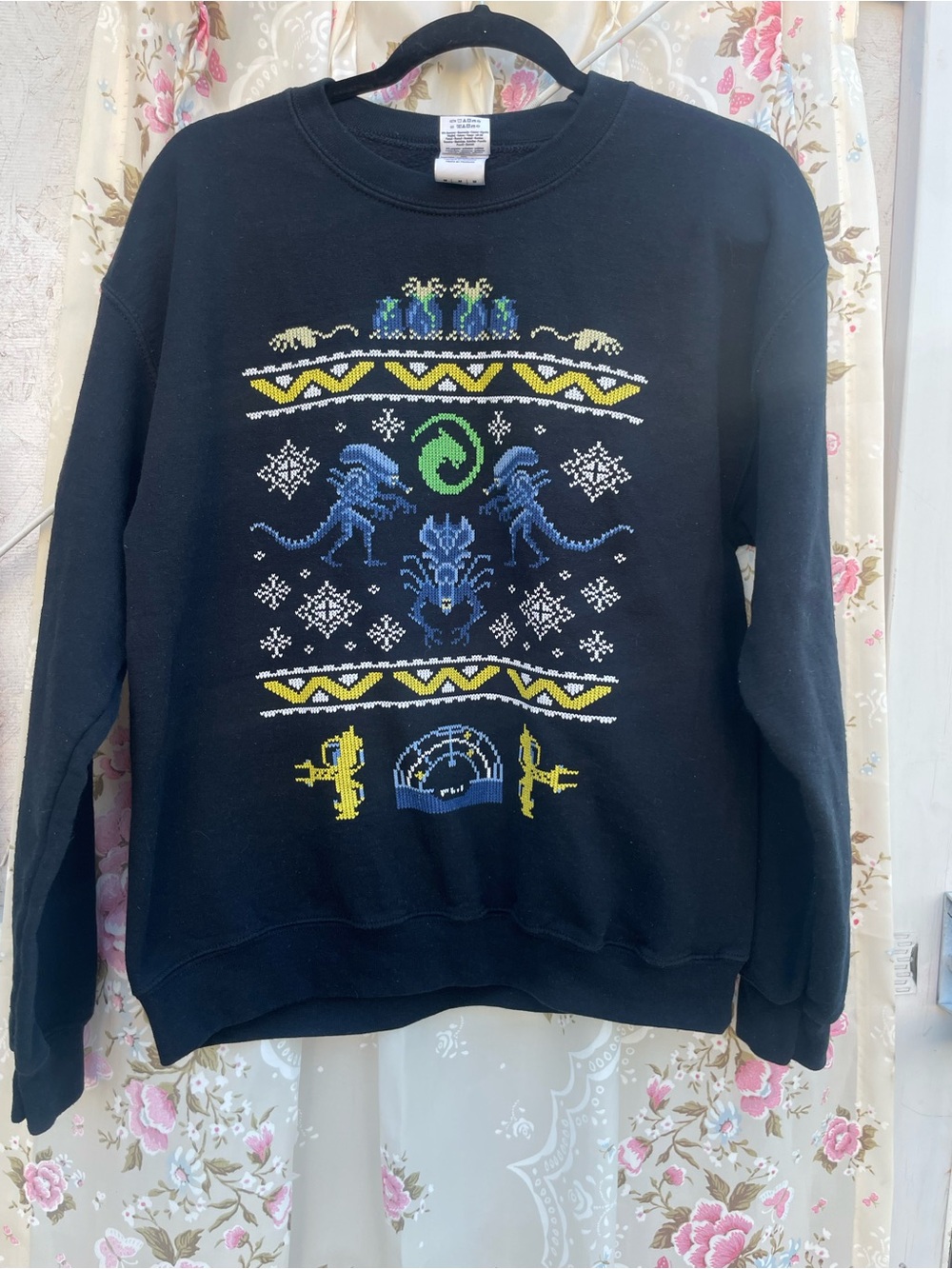 Xenomoroh Black Crewneck Sweater with Blue & Yellow Graphic